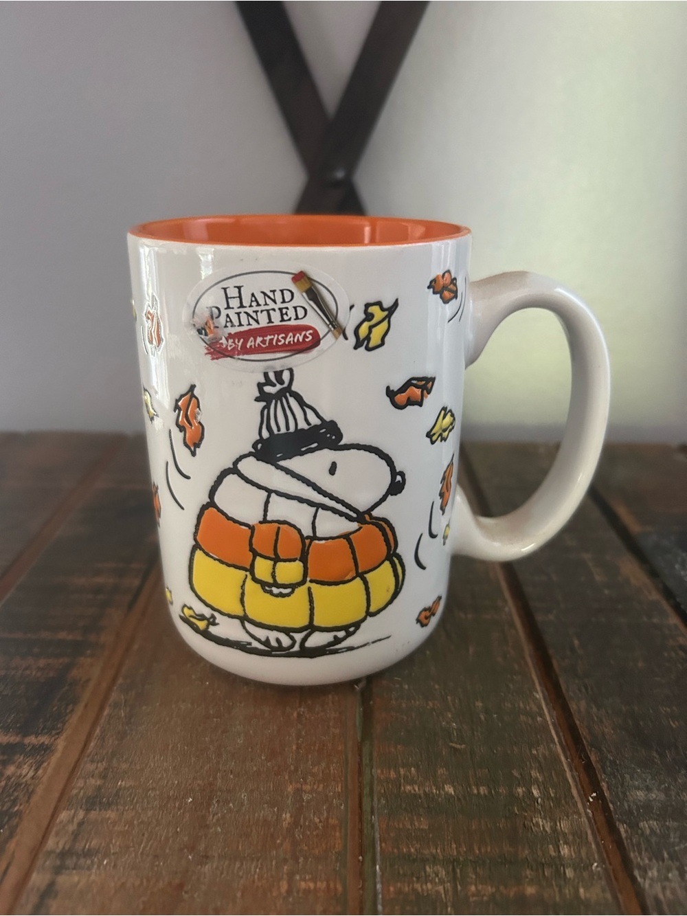 Peanuts Snoopy In Candy Corn Puffer Jacket Fall Leaves Mug NEW